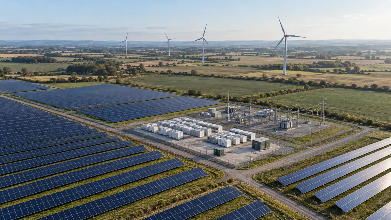 Aerial view of solar arrays, battery storage, a shared substation and wind turbines forming one hybrid renewable energy site