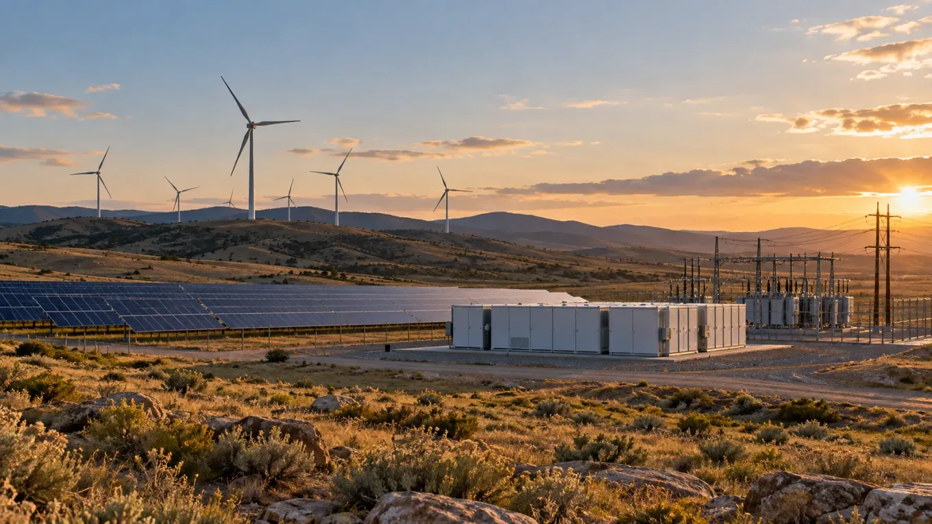 Illustrative wind turbines, solar panels, battery containers and a substation connected across a semi-arid landscape at sunset